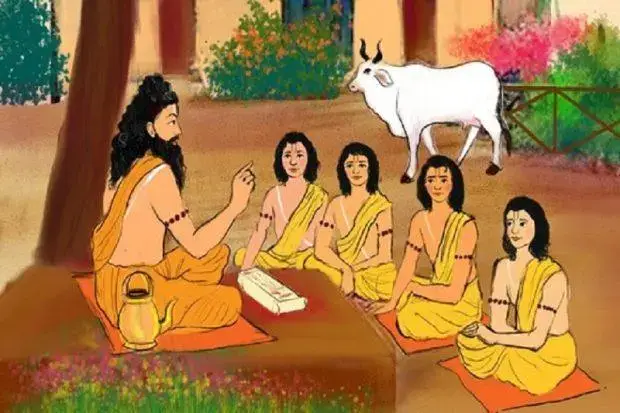 Subhashitani or moral shlokas are being taught in a gurukul set up.